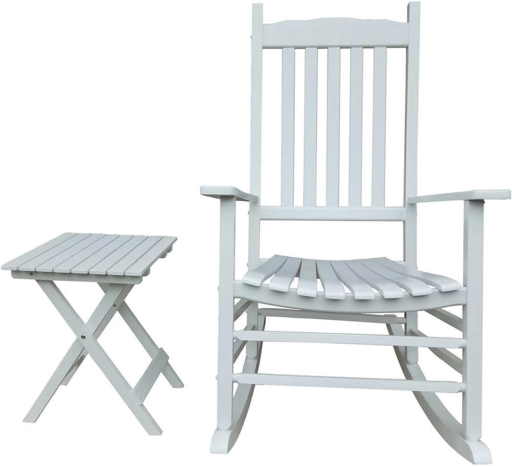 Rocking Rocker - S001WT White Wood Porch Rocker with Side Table - Set of 2
