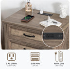 HOMMPA 24'' Farmhouse Nightstand with Charging Station, Bedside Tables with Storage, Side Table with AC Outlets & USB Port, 3 Drawers End Table Dresser, Wood Night Stand for Bedroom, Greige