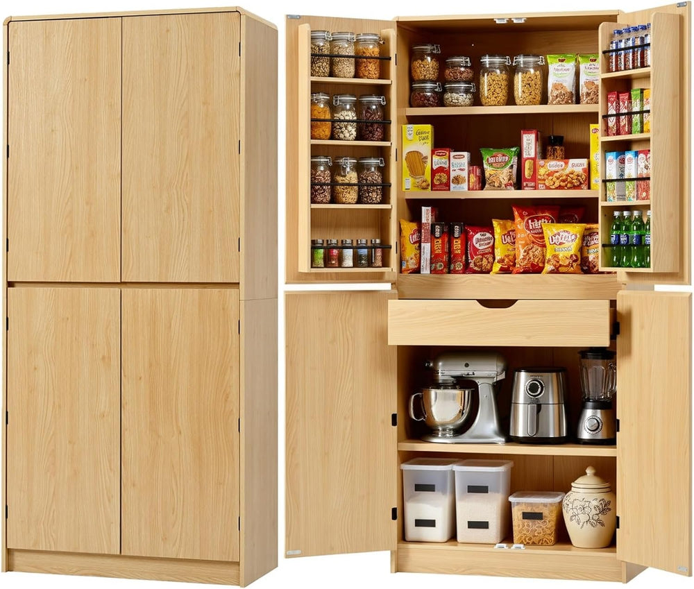 31.5x15.75x72Inches Natural Tall Farmhouse Kitchen Pantry Cabinet, 8 Door She...
