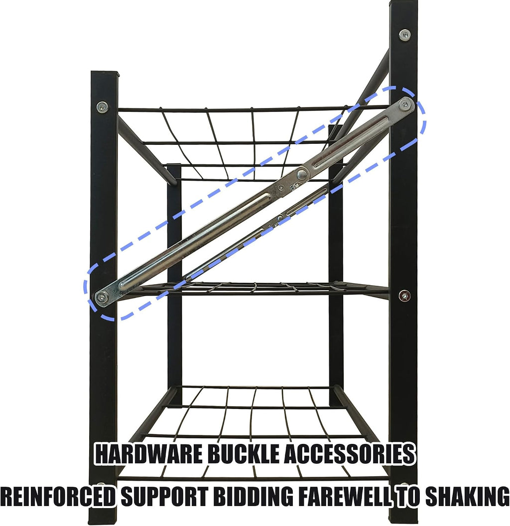 3-Tier Folding Metal Shoe Rack, Heavy Duty Free-Standing Storage Shelf for Entryway, Bedroom, Gym, Holds Shoes, Dumbbells, Multi-Purpose Organizer with Reinforced Stability