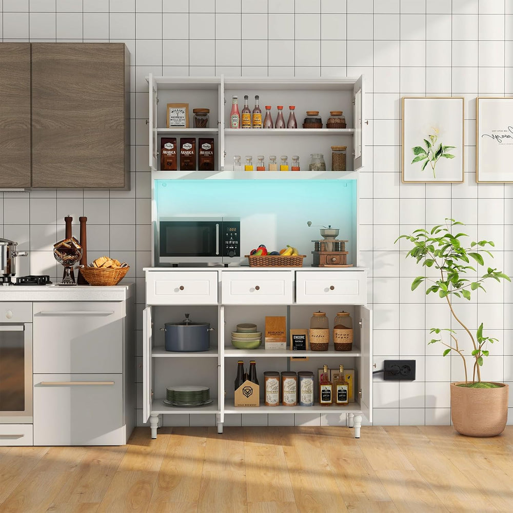 77" Large Kitchen Hutch with Charging Station, LED Pantry Cabinet with M...