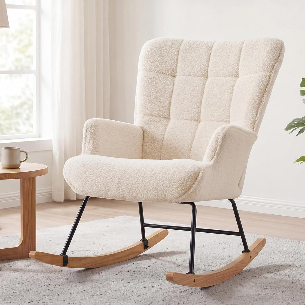 Furniliving Nursery Rocking Chair Modern Armchair Upholstered Glider Rocking Chair Nursery Chair Reading Chair with High Backrest Solid Wood Base for Bedroom, Living Room, Office, White, Teddy