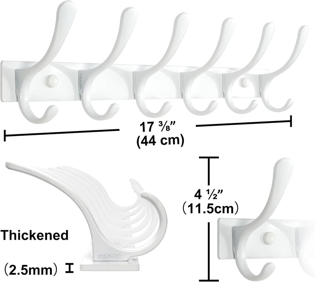 SKOLOO Heavy Duty Wall Mounted Coat Rack - 6 Hooks, Stainless Steel, Pack of 2, Sturdy Coat Hooks for Hanging Clothes, Jacket, Hat, White