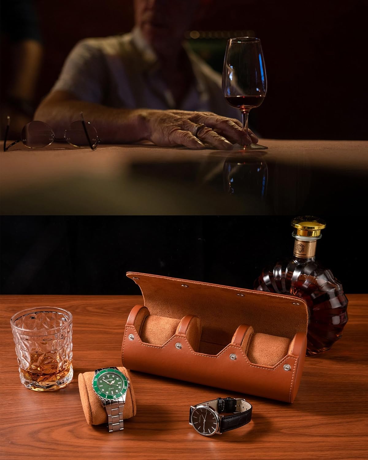 MR.OKAY 3 Watch Travel Case- Classic Leather Watch Case With Perfect Texture.Portable Watch Roll Or Organizer For Storage And Display. Luxury Gifts For Men, All Handmade by Artisans.