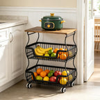 3-Tier Rolling Kitchen Storage Cart Fruit Basket Stand for Vegetables & Snacks Stackable Wire Pantry Floor Organizer with Wheels for Kitchen, Living Room, Bedroom, Office (Black)
