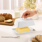 Kook Ceramic Extra Large Butter Dish with Lid, Holds 2 Sticks, Fits East Coast , West Coast, European style and Kerrygold butter, Kitchen Countertop Butter Keeper, Serving Tray with Cover, White