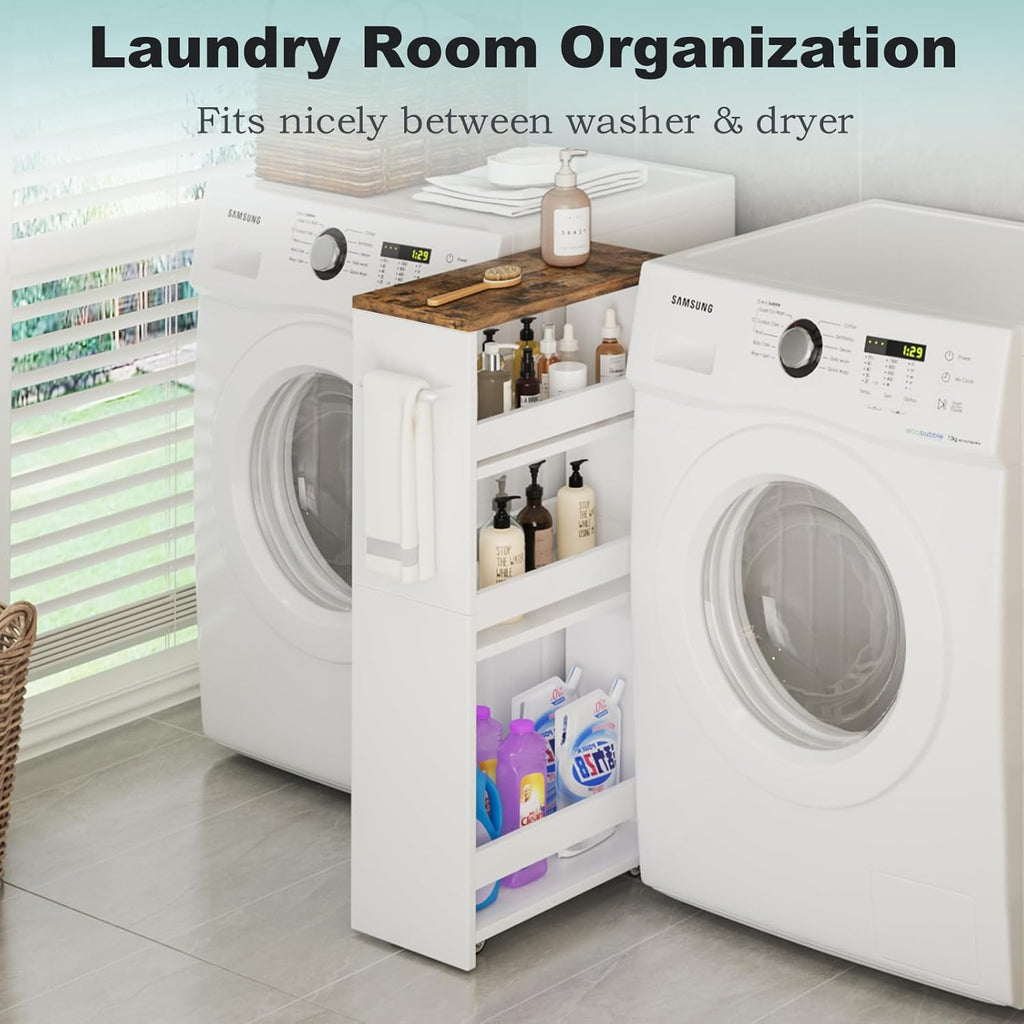 MARTY Rolling Storage Cart 7.9" W, 4-Tier Kitchen Cart with Wheels Handle, Slim Storage Cart Mobile Shelving Utility Carts for Bathroom Laundry Room Organization Narrow Places (White)