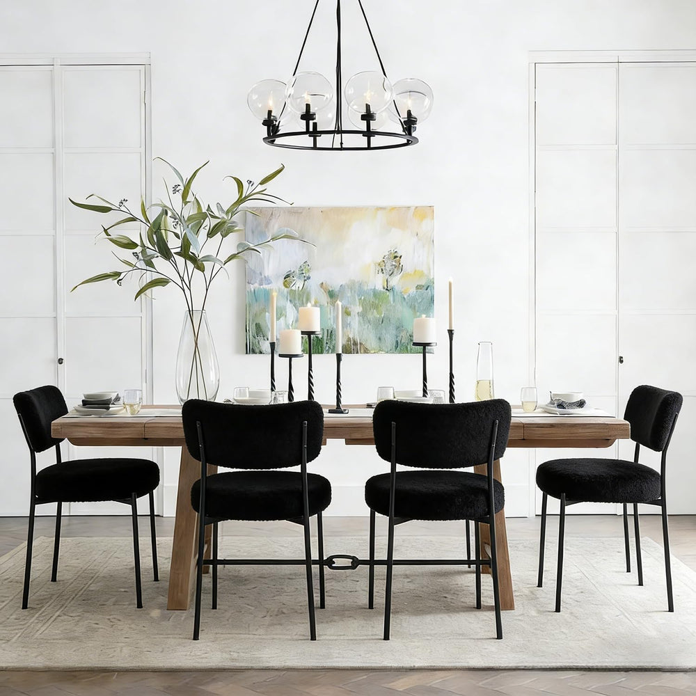 Black Boucle Dining Chairs Set of 6, Upholstered Dinner Chair with Metal Fram...