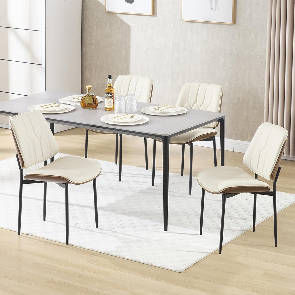 Mid Century Walnut Bentwood Armless Kitchen Dining Chairs Set of 4, Beige | PU leather seat with curved walnut bentwood back & metal legs, armless design, ideal for dining room, kitchen, or cafeteria
