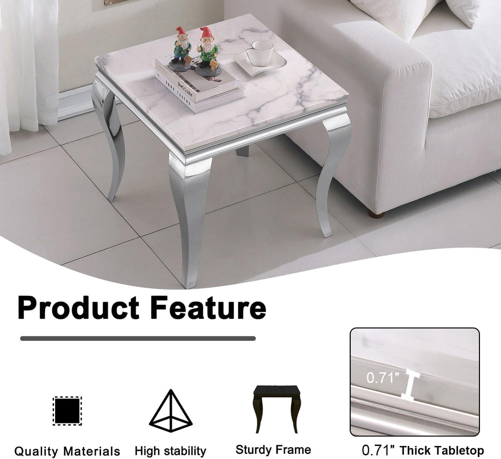 Henf 23in Square End Table Faux Marble End Table w/Stainless Steel Legs,Luxur...