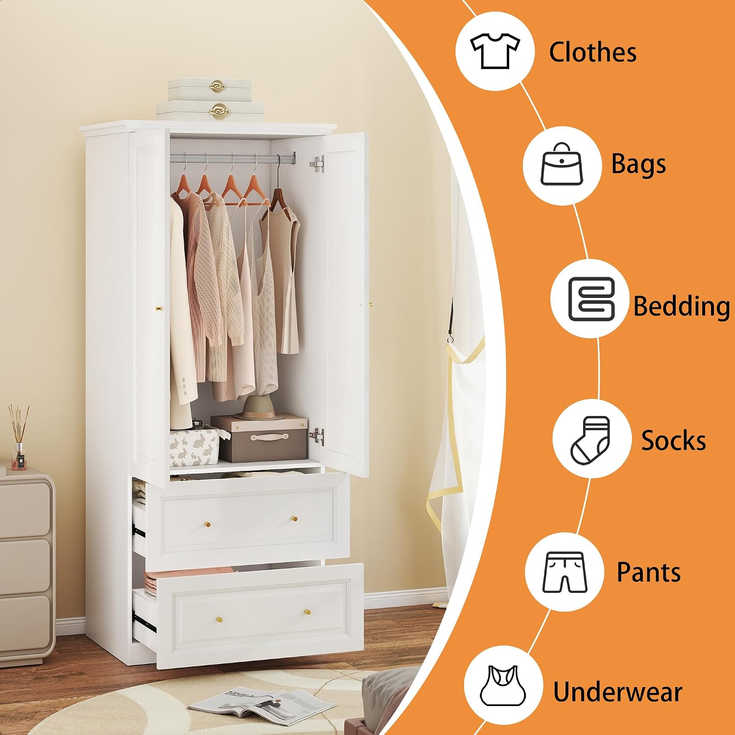 White Armoire Wardrobe Closet with Drawers: Wardrobe Closet for Hanging Clothes, Modern Bedroom Armoires with Hanging Rod, Wardrobes Closets with Doors and Shelves (White, 31.5")