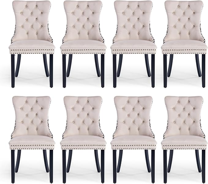 Velvet Upholstered Dining Chairs Set of 8, Modern Style Kitchen Side Chairs with Nailhead Trim and Wood Legs,Metal Pulling Ring for Dining Room Living Room(Quadrangular Star&Beige)