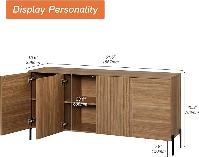 WAMPAT 61.6" TV Stand Cabinets for TVs up to 70 Inches, Entertainment Center with Storage Cabinets and 4 Doors, Mid Century Modern Media TV Console Table for Living Room Bedroom, Brown