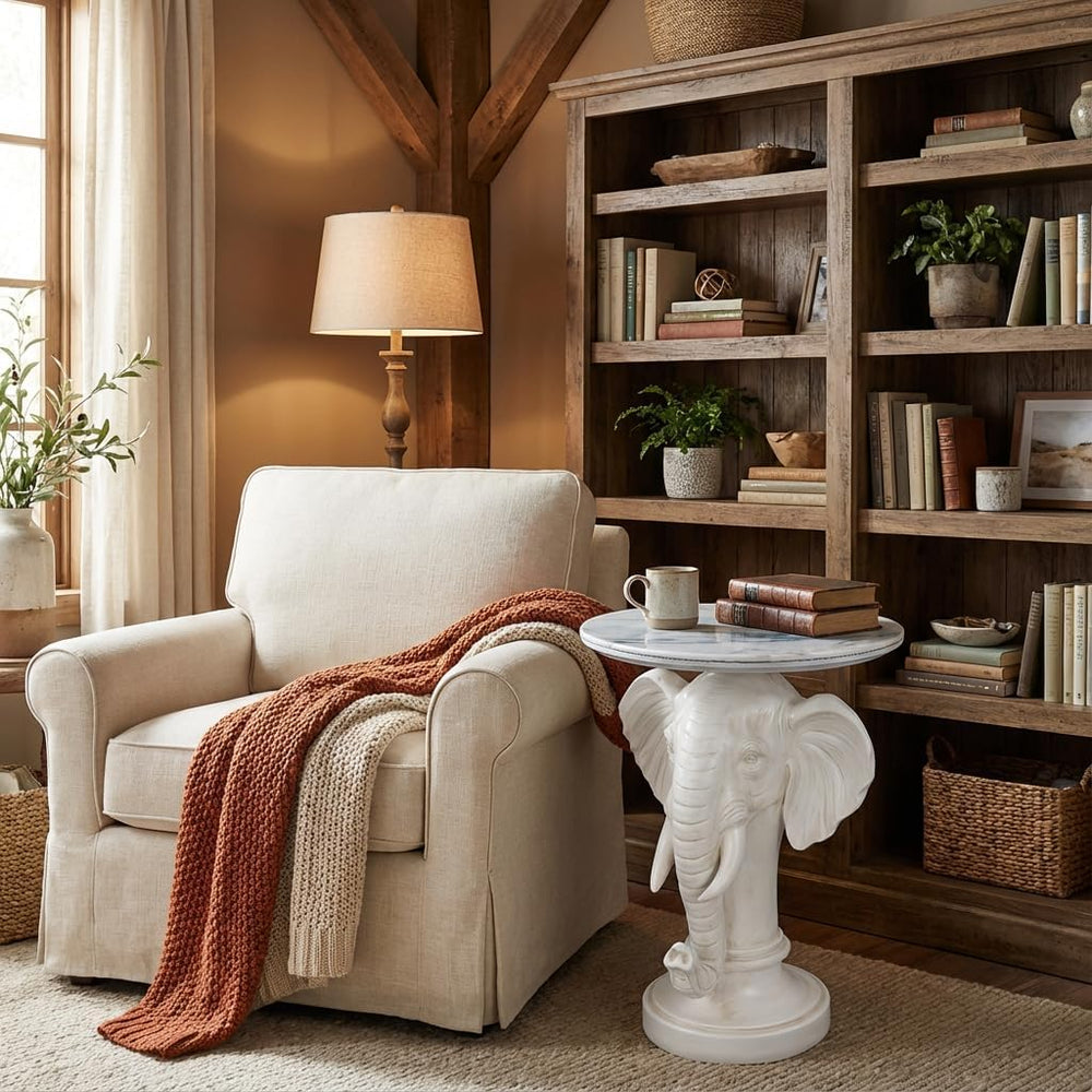 Elephant End Table – 25.98in Tall Artificial Marble Top Decorative Accent Tab...