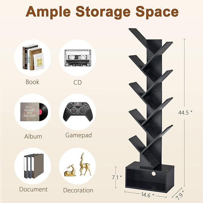 Hoctieon 9 Tier Tree Bookshelf, Tall Bookcase with Drawer, Wood Book Shelf, M...