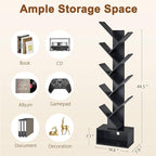 Hoctieon 9 Tier Tree Bookshelf, Tall Bookcase with Drawer, Wood Book Shelf, Modern Floor Standing Bookshelves, Book Organizer Shelves for Bedroom, Living Room, Home Office, Black