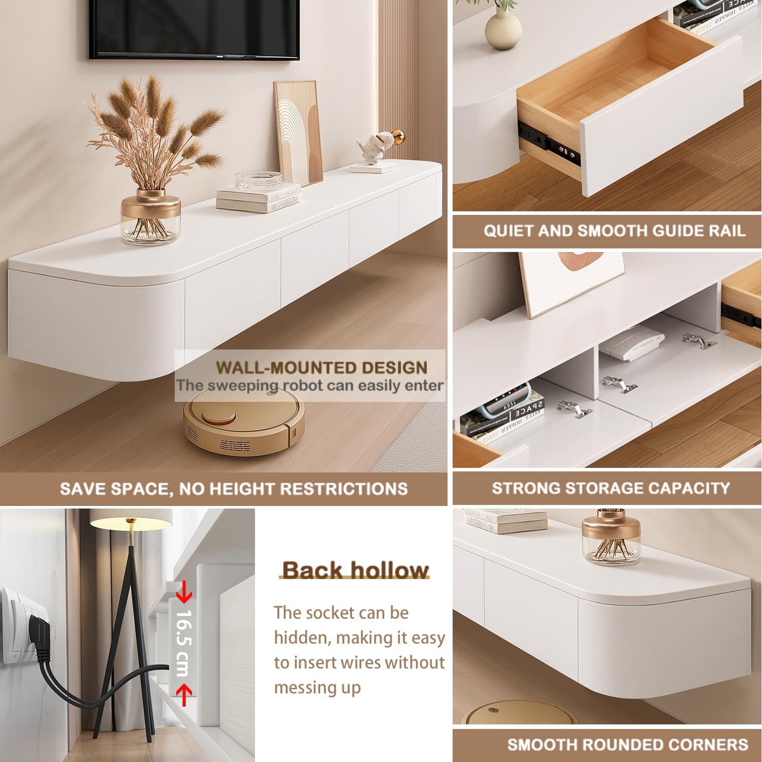 Ribaned Modern Floating TV Stand | Wall-Mounted Entertainment Media Console | Large Storage TV Bench for Living Room & Office (White, 62.9'')