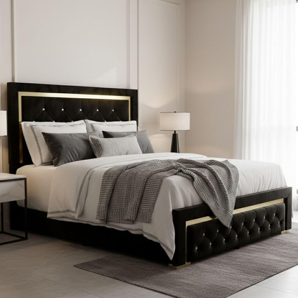 HOME DESIGN Deena King Diamond Tufted Velvet Bed Frame, Black