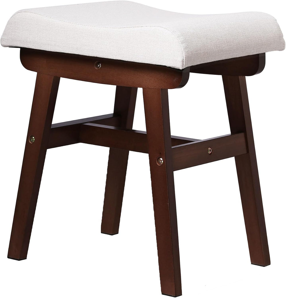 Vanity Stool with Linen Upholstery & Carved Solid Wood Legs | 17.7 Inch C...