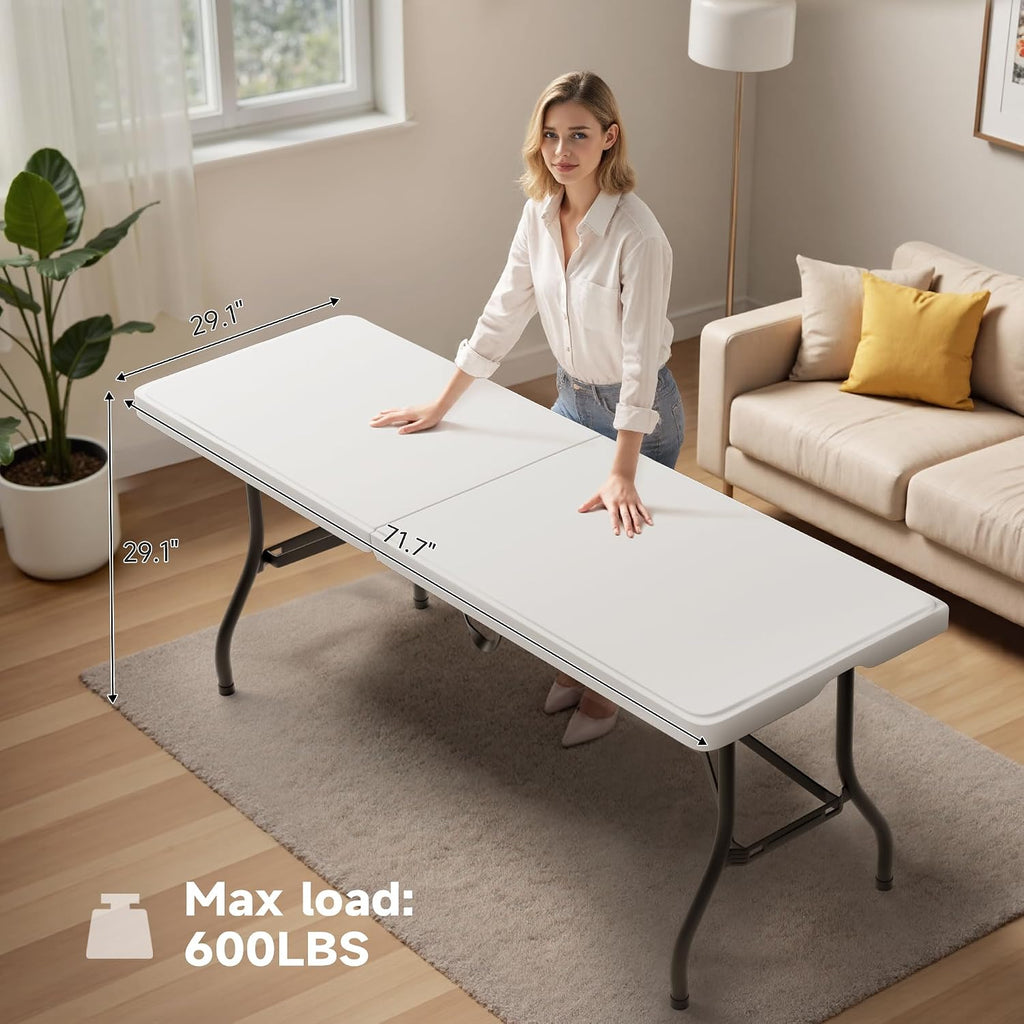 6 Foot Folding Table with Black Table Cloth - Heavy Duty 600LBS Capacity, Foldable Design with Safety Lock - Portable Folding Tables for Camping, Party, Indoor & Outdoor Use, 1 Pack