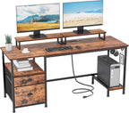 Furologee 55" Computer Desk with File Cabinet and Power Outlets, Home Office Desk with 2 Movable Monitor Stands and Storage Drawer, Writing Table with Shelves and 2 Hooks for Bedroom, Rustic Brown