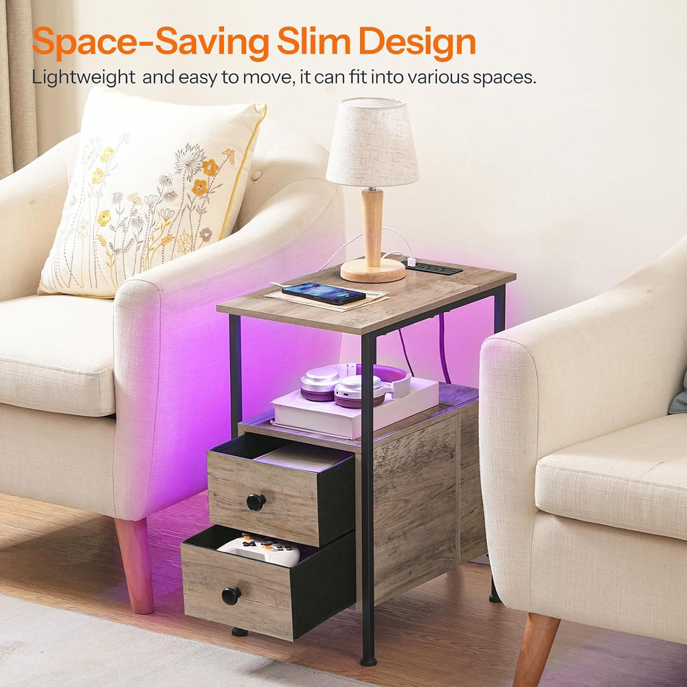 HOOBRO End Table with Charging Station & Led Light, Flip-Top Narrow Side ...