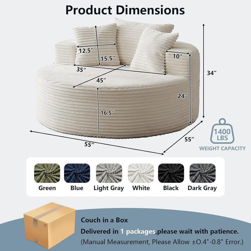 LUCKHAO 55'' Oversized Round Chair Lounge Chaise Indoor, Cloud Cordur...