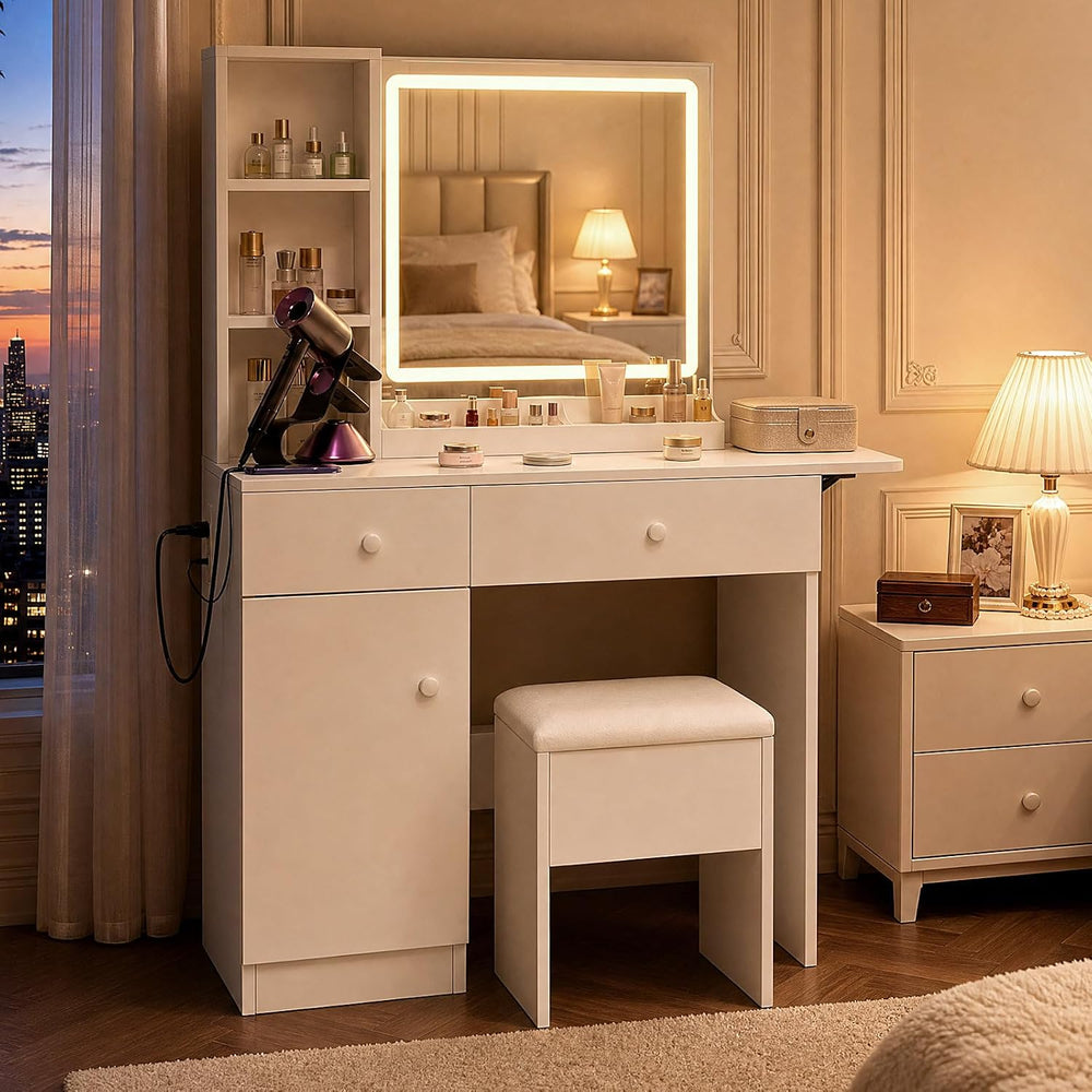 Haewon Vanity Desk Set with Lighted Mirror and Chair, White | Makeup Table wi...