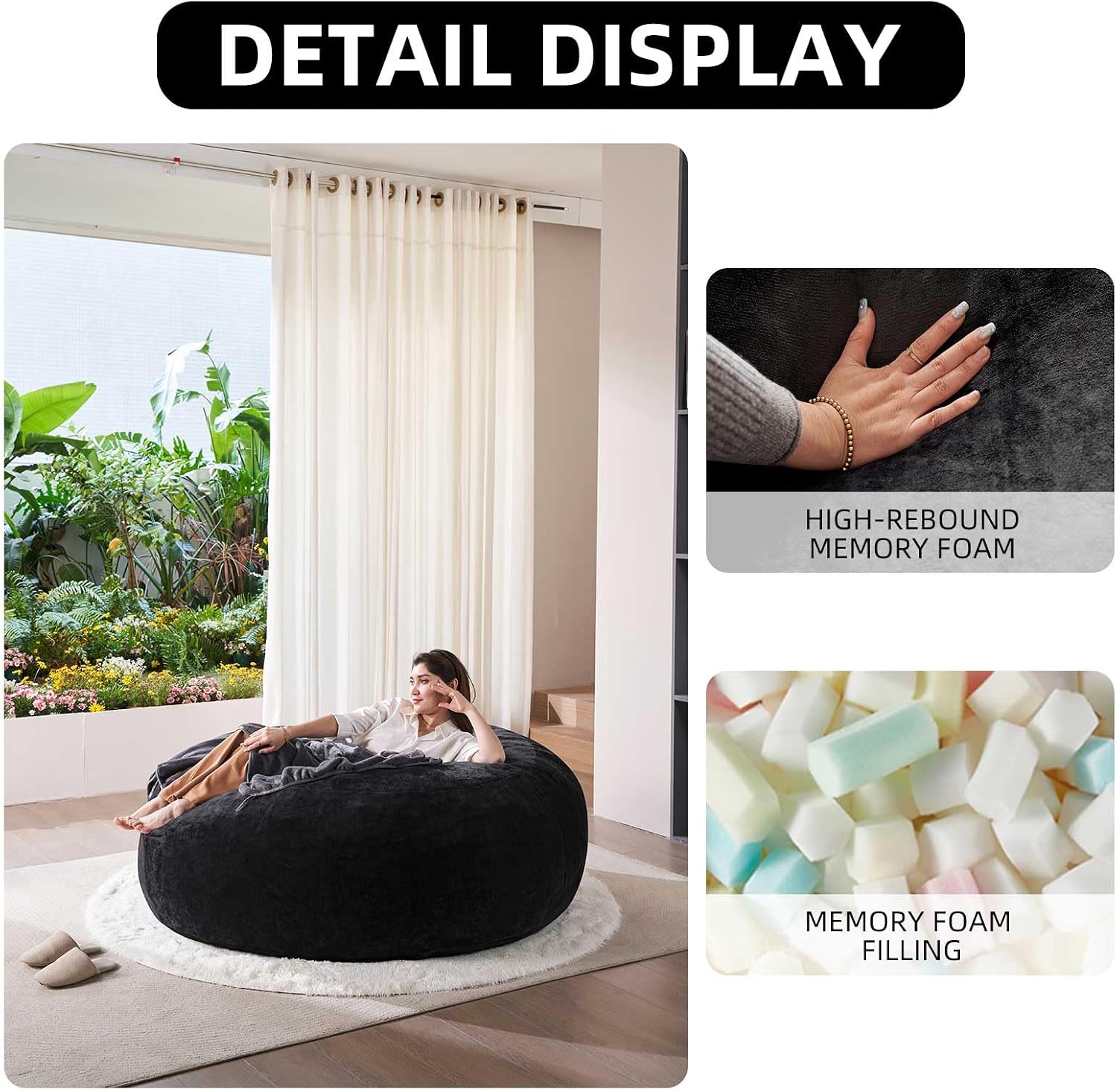 Extra Large Bean Bag Chairs for Adults，5FT,Bean Bags with Filler Included,Memory Foam Chair,Soft and Comfortable Jumbo Bean Bag,Leisure Chair Suitable for Bedroom and Balcony Dormitory (Black)