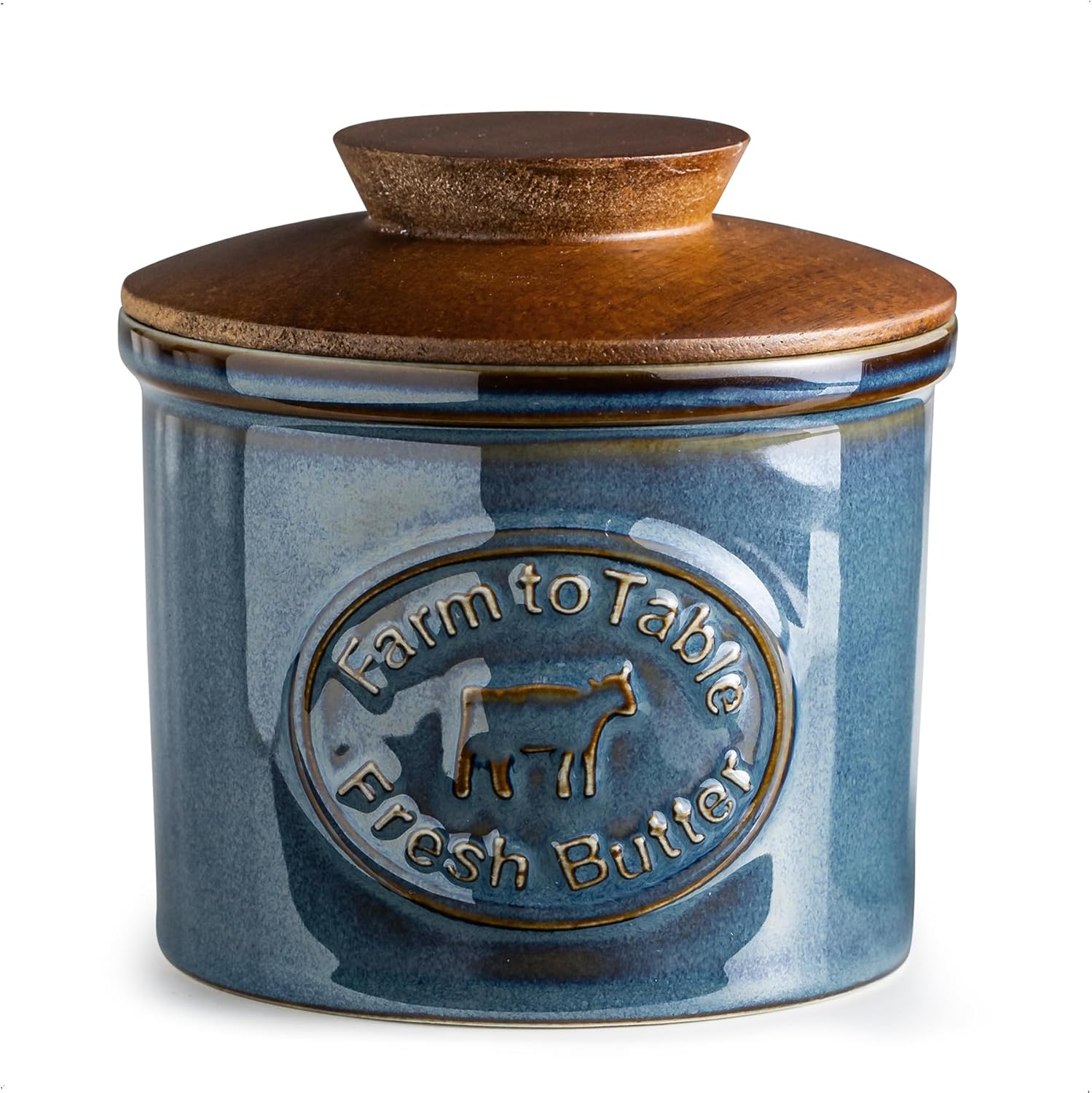 Ceramic Butter Dish with Lid, Butter Crock for Countertop, French Butter Keeper, Farmhouse Cow Pattern, Blue