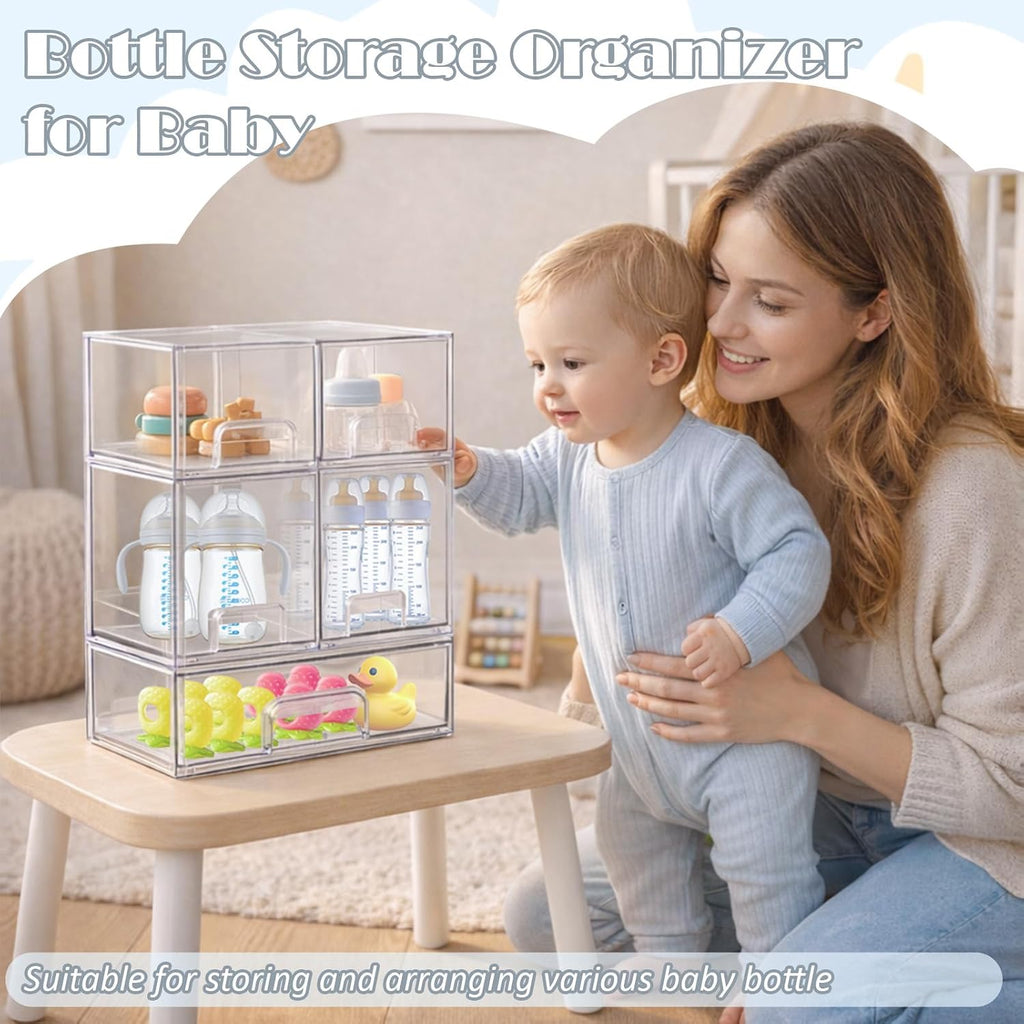 Baby Bottle Organizer with Hooks - 5 Pack Stackable Storage Drawer | Baby Bottle Organizers and Storage, Clear Acrylic Multipurpose Bottle Storage for Countertop