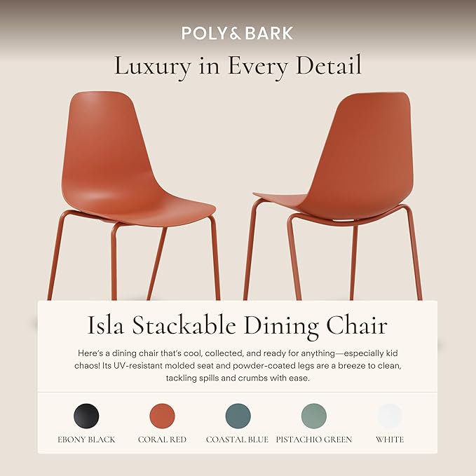 Poly & BARK Isla Stackable Dining Chairs Set of 4 – Mid Century Modern Plastic Dining Chair with Metal Legs – Kitchen & Dining Room Chairs – Dining Table Chairs Set – Indoor/Outdoor – Coral Red