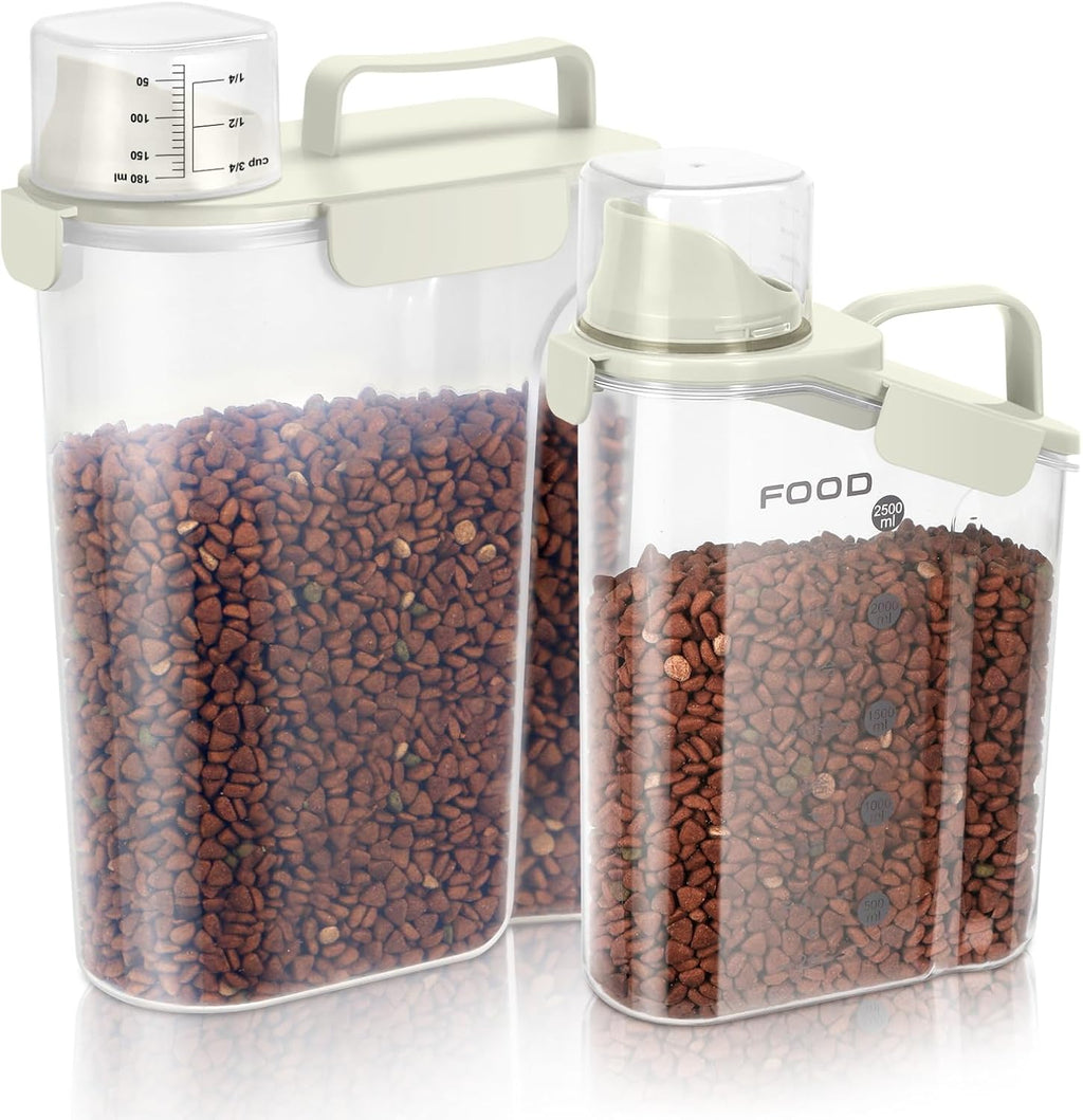 8-12 LBS Cat Dog Pet Food Storage Container, Plastic Dispenser Upgraded Large Nozzle, BPA-free, With Sealed Clasps, Measuring Cup and Handle, Easy to Clean and Carry -2 Packs Beige