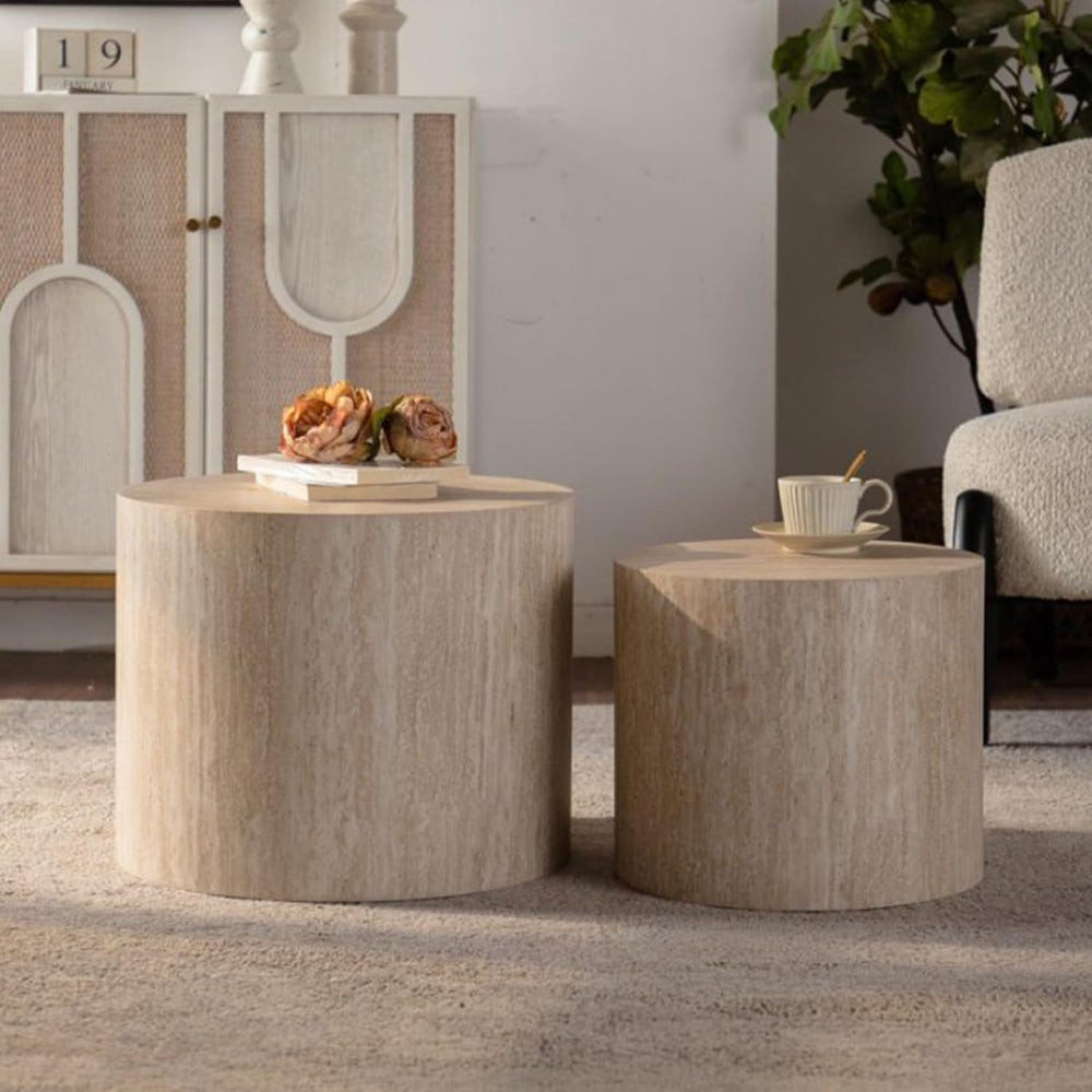 Retro Nesting Coffee Table Set of 2, 33.86" Round Wood Coffee Tables, Ci...