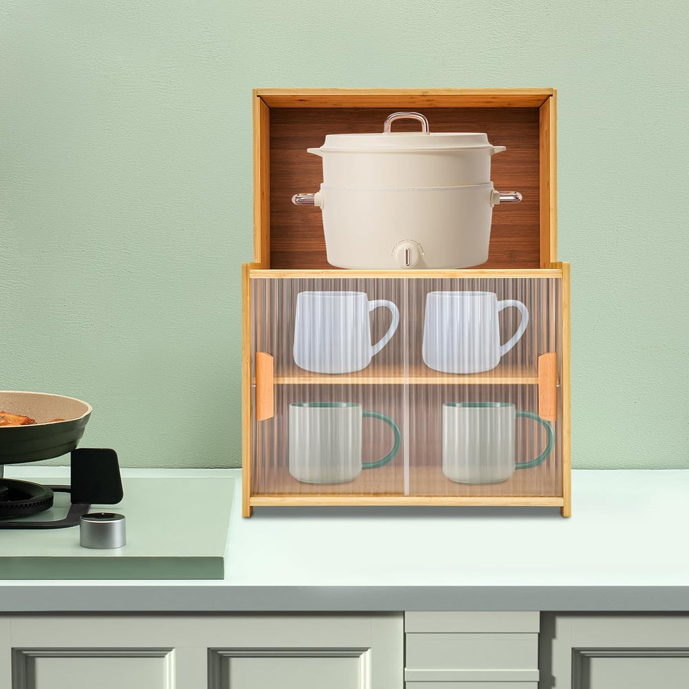 Kitchen Storage Cabinet with Sliding Doors, Bamboo Kitchen Pantry Sideboard, ...