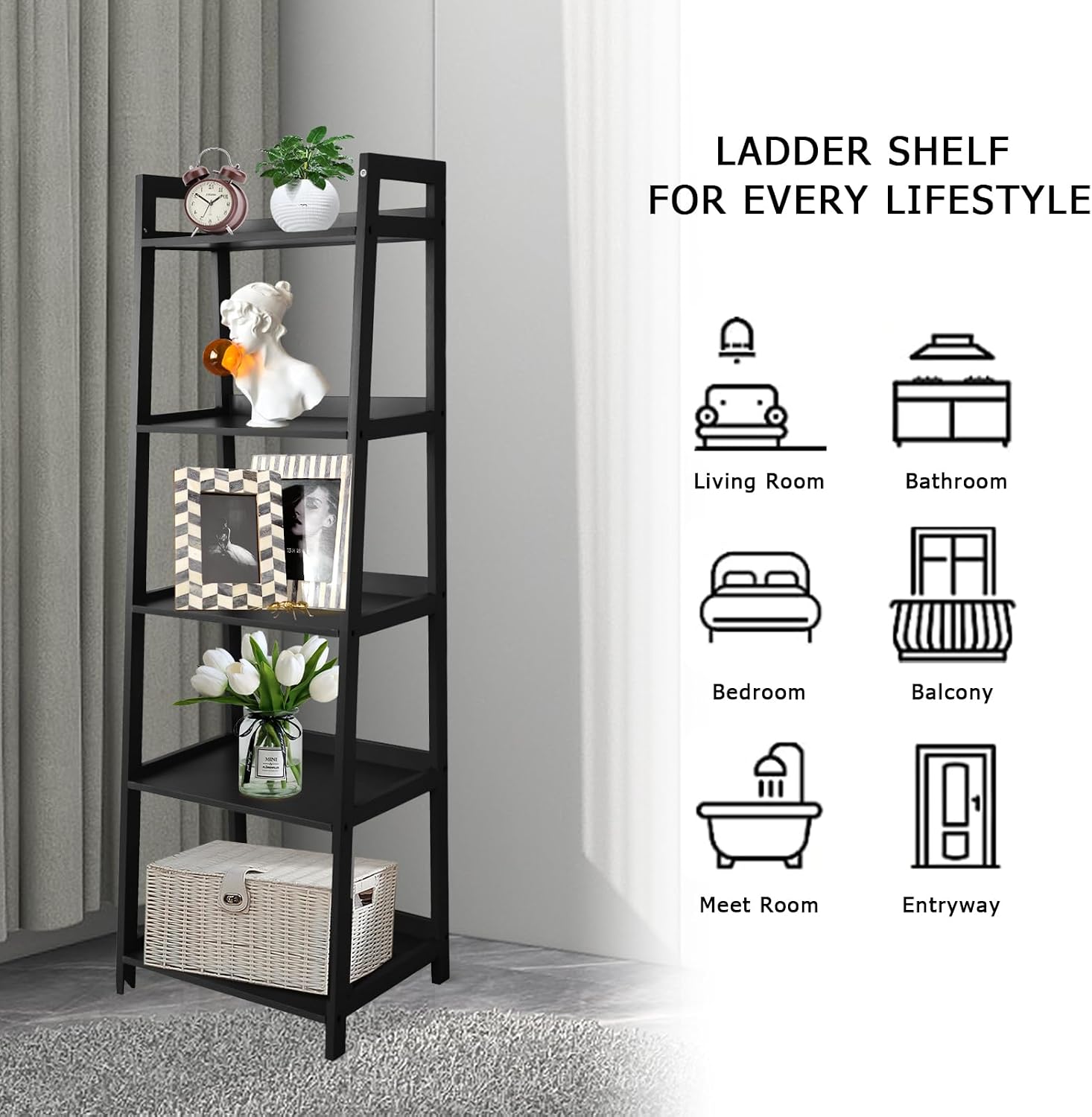 Acehome 5 Tier Ladder Shelf, Large Capacity Bookshelf with Steel Frame and Wooden Surface, for Living Room, Bedroom, Kitchen, Black
