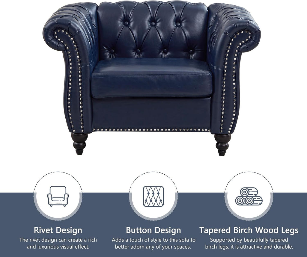 QHITTY 2 Piece Living Room Set, Chesterfield Sectional Sofa Chair Contemporary Upholstered Leather Loveseat Couch Sets for Living Room, Bedroom, Office (Blue)