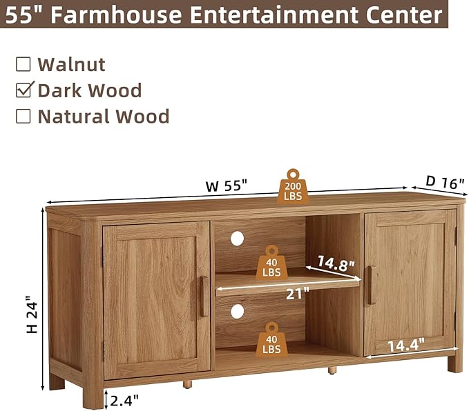 Farmhouse 55" Tv Stand,Dark Wood Entertainment Center with Adjustable Shelves & 2 Door Storage,Wooden Media Console Cabinet for TVs Up to 65 inches, Rustic Tv Stands for Living Room,Bedroom