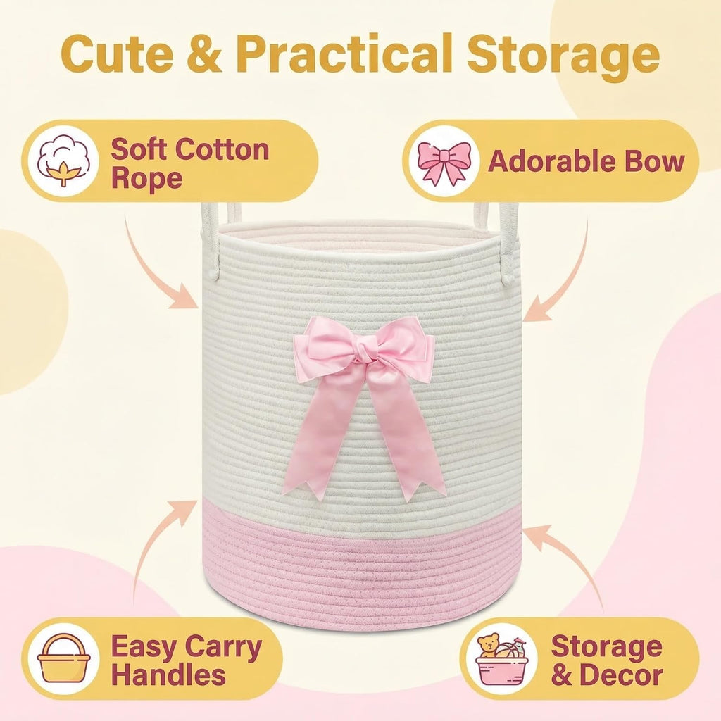 Pink Laundry Hamper with Bow, Tall Storage Basket for Nursery | Woven Cotton Rope Blanket and Toy Basket, 15x17.7in, Living Room Nursery & Bedroom, Clothes Storage Pink Bow