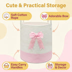 Pink Laundry Hamper with Bow, Tall Storage Basket for Nursery | Woven Cotton Rope Blanket and Toy Basket, 15x17.7in, Living Room Nursery & Bedroom, Clothes Storage Pink Bow