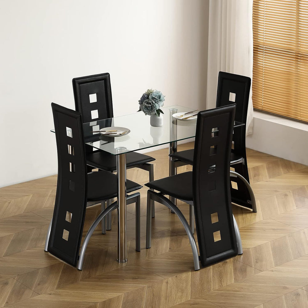 Karl home Glass Dining Table Set for 4, PVC Chairs,Silver Leg,Easy Assembly |...
