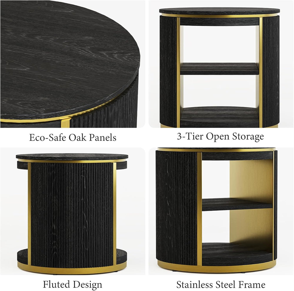 AUZ Round Black and Gold Fluted End Table Set of 2, 22" Mid Century Mode...