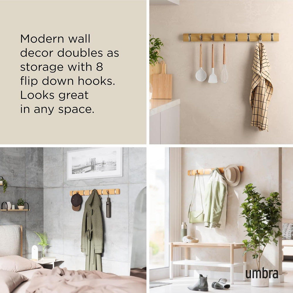 Umbra Flip Coat Rack, Wall Mount 8-Hook, Space Saving, Natural/Nickel