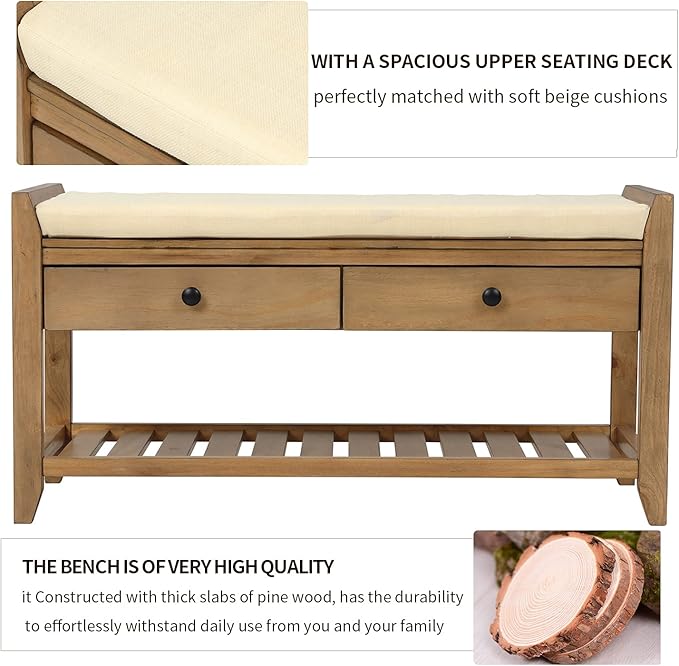 39″ Storage Bench with Cushioned Seat and Drawers,Multipurpose Wooden Entryway Ottoman,Hidden Compartment Organizing Shoe Rack,for Bedroom Hallway Porch,Old Pine