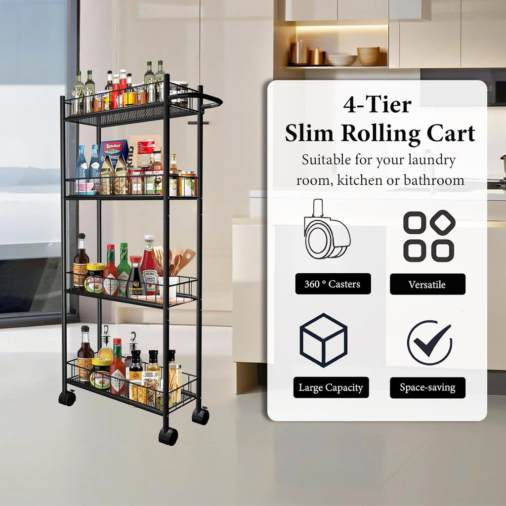 Utility Slim Storage Cart, 4-Tier Storage Cart, Narrow Cart with Handle, 7.1 Inches Deep, Metal Frame, for Kitchen, Dining Room, Living Room, Home Office, Rustic Brown and Classic (4 Tier Black)