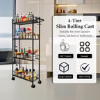 Utility Slim Storage Cart, 4-Tier Storage Cart, Narrow Cart with Handle, 7.1 Inches Deep, Metal Frame, for Kitchen, Dining Room, Living Room, Home Office, Rustic Brown and Classic (4 Tier Black)