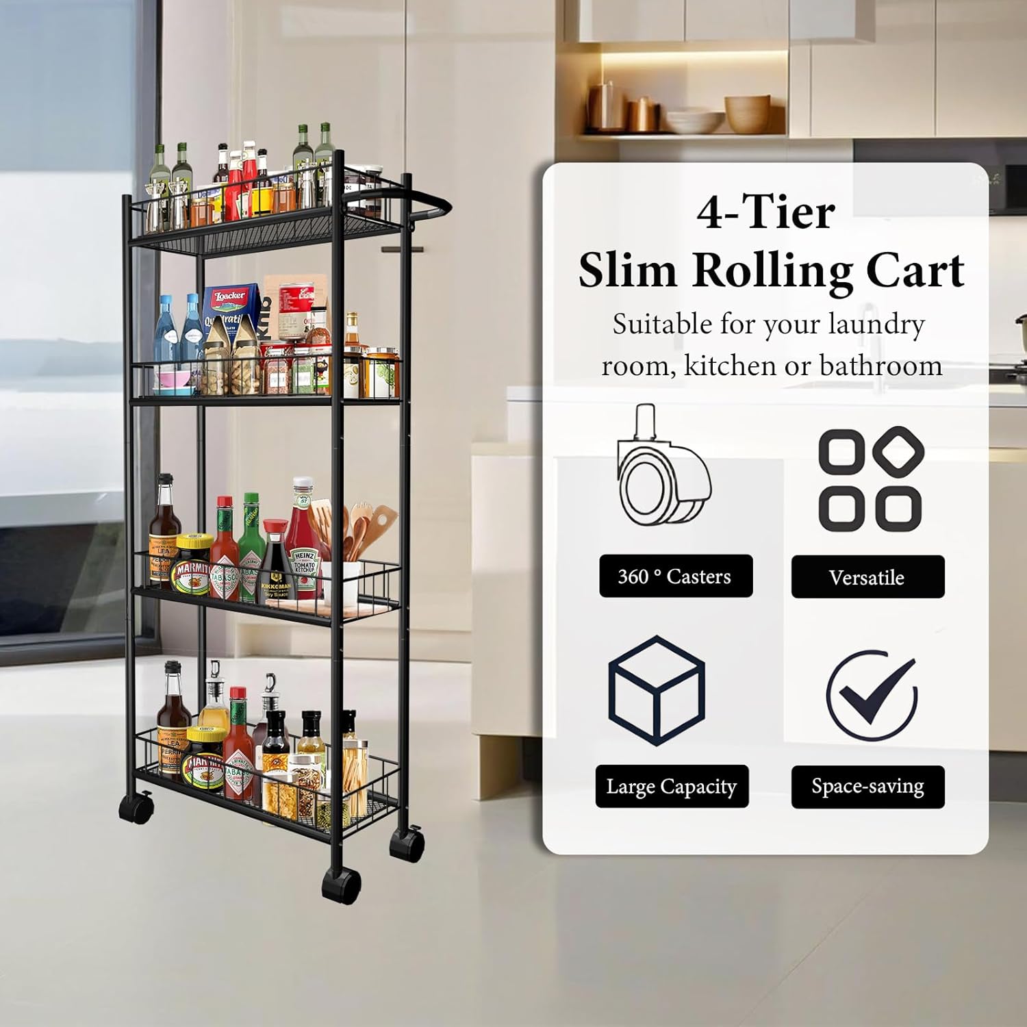 Utility Slim Storage Cart, 4-Tier Storage Cart, Narrow Cart with Handle, 7.1 Inches Deep, Metal Frame, for Kitchen, Dining Room, Living Room, Home Office, Rustic Brown and Classic (4 Tier Black)