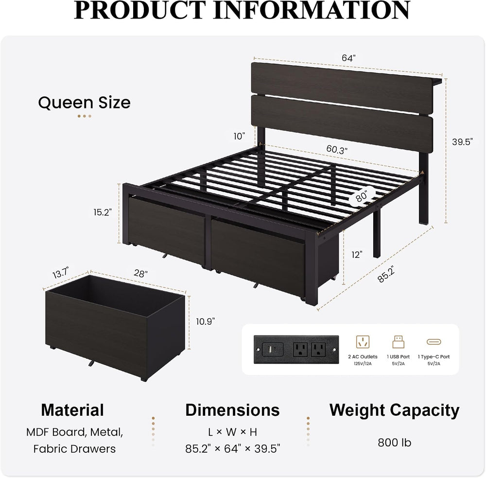 SHA CERLIN Queen Led Bed Frame, 2 Storage Drawers, Charging Station, Black
