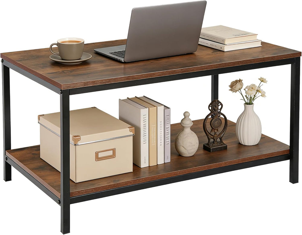 SUPER DEAL 2-Tier Industrial Coffee Table with Storage Shelf for Small Apartm...