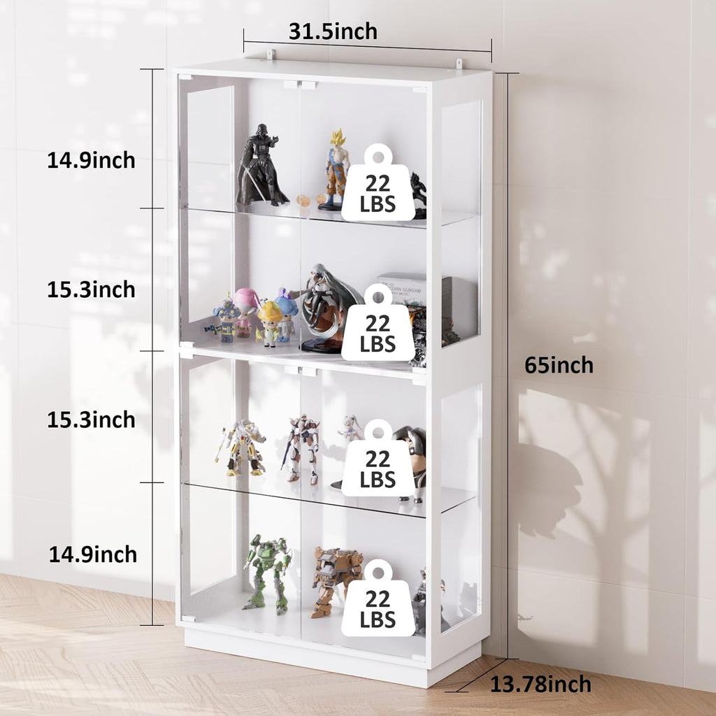 Display Cabinet with Glass Doors 4 Tier Glass Display Case with RGB LED Lights Display Cases for Collectibles Adjustable Shelves Display Case, for Game Room, Living Room, Bedroom, White